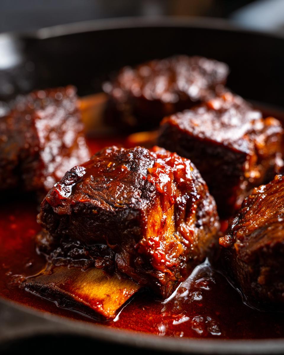 Close-up of tender Braised Short Ribs with Red Wine in a cast iron skillet, showing the rich sauce.