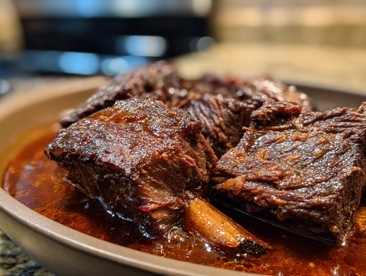 Close-up of braised short ribs with red wine, served in a bowl, showcasing the tender meat.