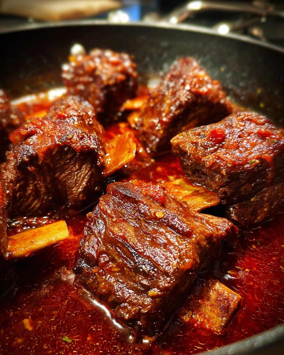 Close-up of braised short ribs with red wine simmering in a pan, showcasing the rich sauce.