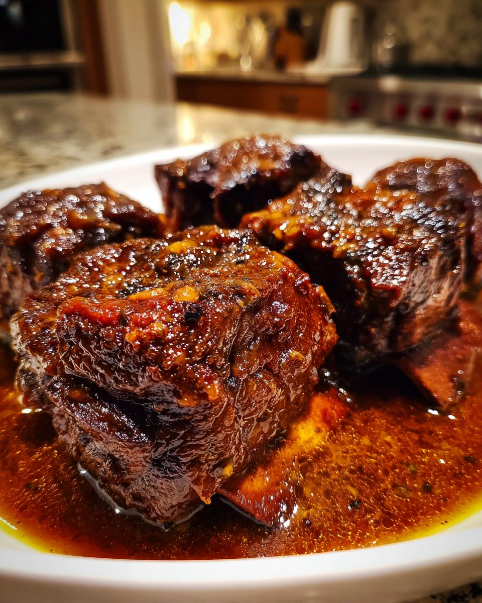 Close-up of tender Braised Short Ribs with Red Wine, served on a white plate.