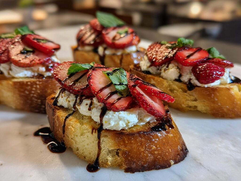 Close-up of Burrata & Strawberry Crostini, with fresh strawberries, balsamic glaze, and basil.