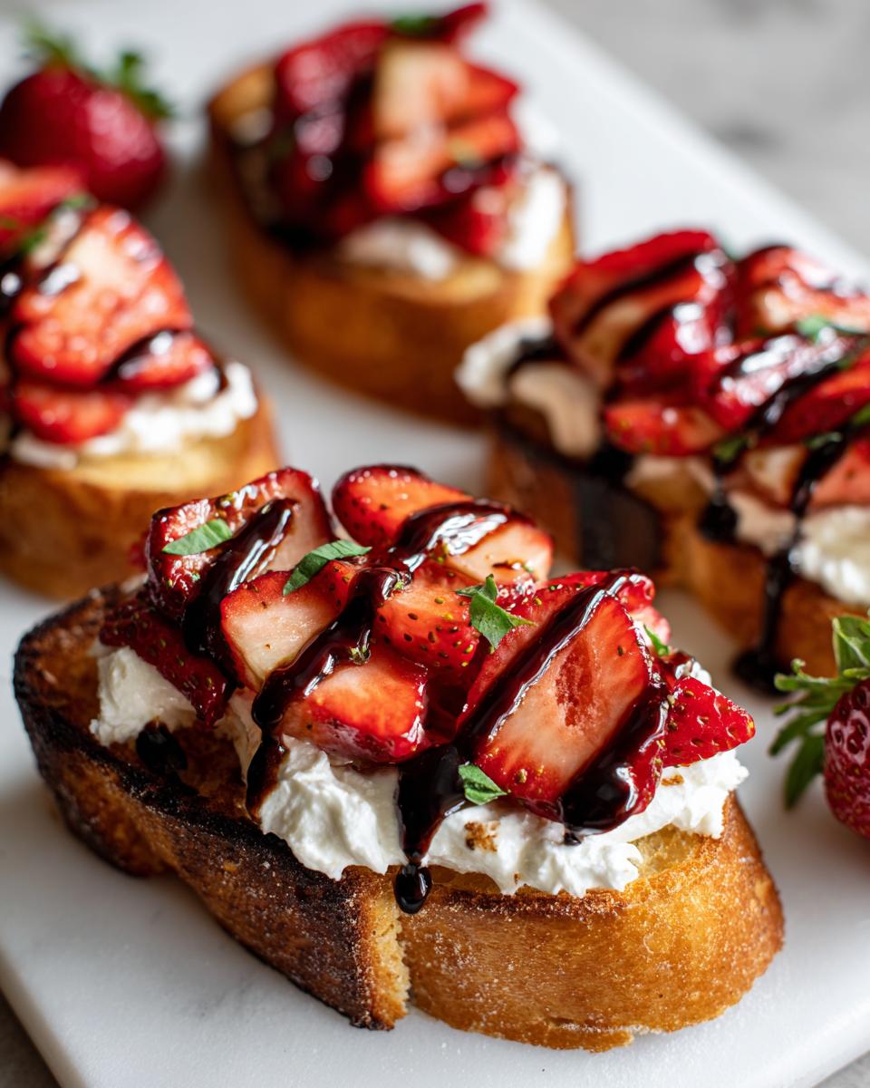 Close-up of Burrata & Strawberry Crostini, with fresh strawberries, balsamic glaze, and creamy burrata on toasted bread.