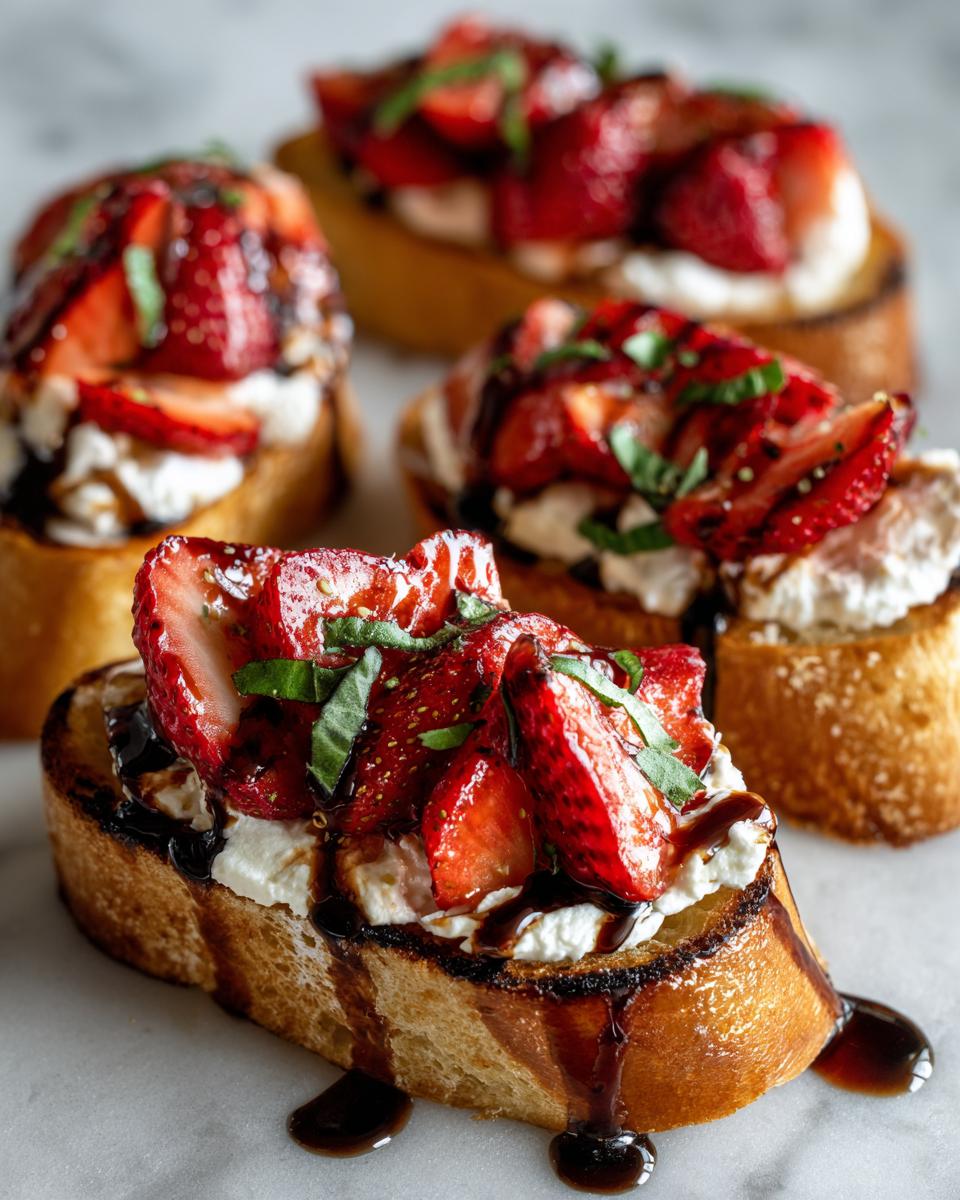 Close-up of Burrata & Strawberry Crostini, with fresh strawberries, burrata cheese, and balsamic glaze.