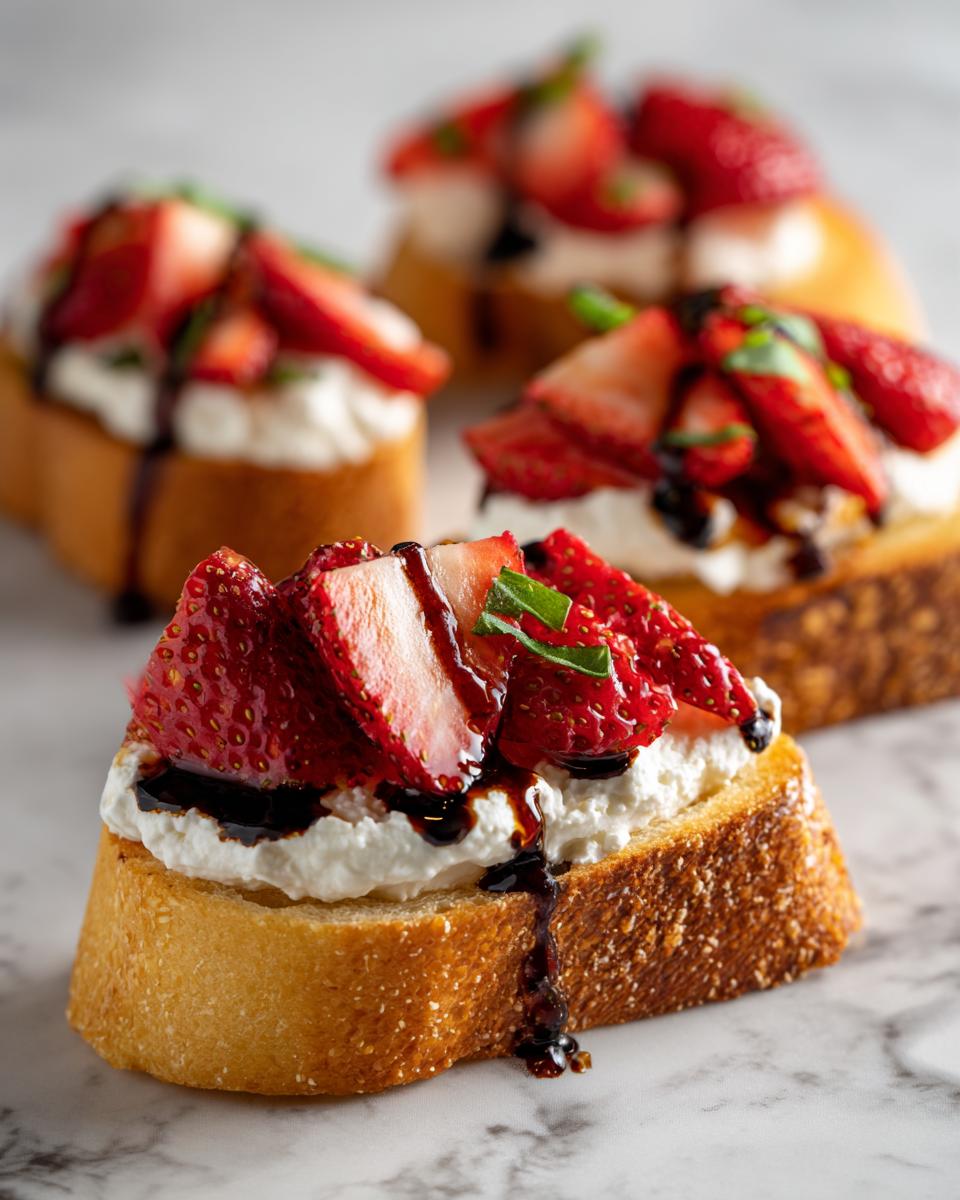 Close-up of Burrata & Strawberry Crostini with balsamic glaze and basil.