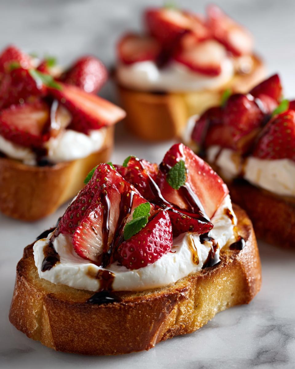 Close-up of Burrata & Strawberry Crostini topped with fresh strawberries and balsamic glaze.