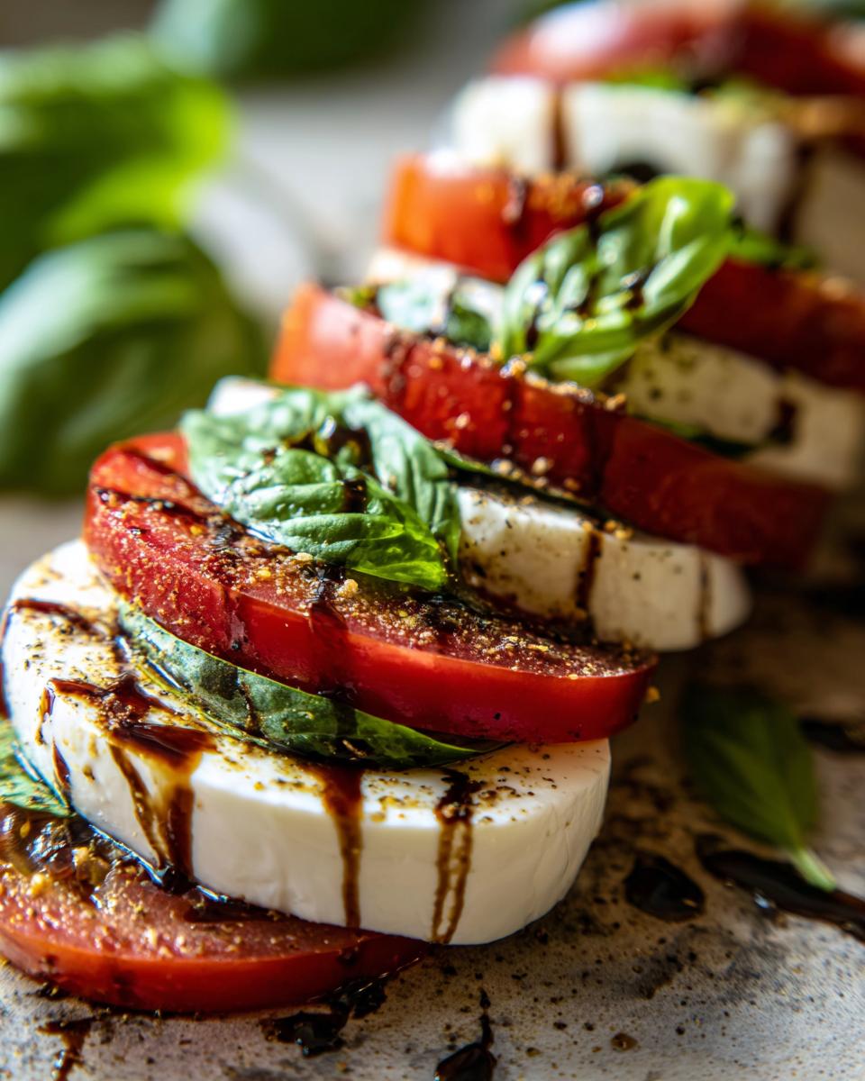 Close-up of a Classic Caprese Salad with Aged Balsamic featuring tomatoes, mozzarella, and basil.