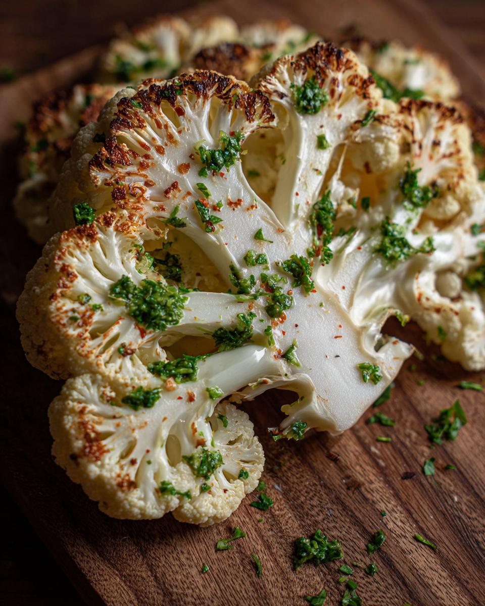 Close-up of roasted cauliflower steaks topped with fresh chimichurri.