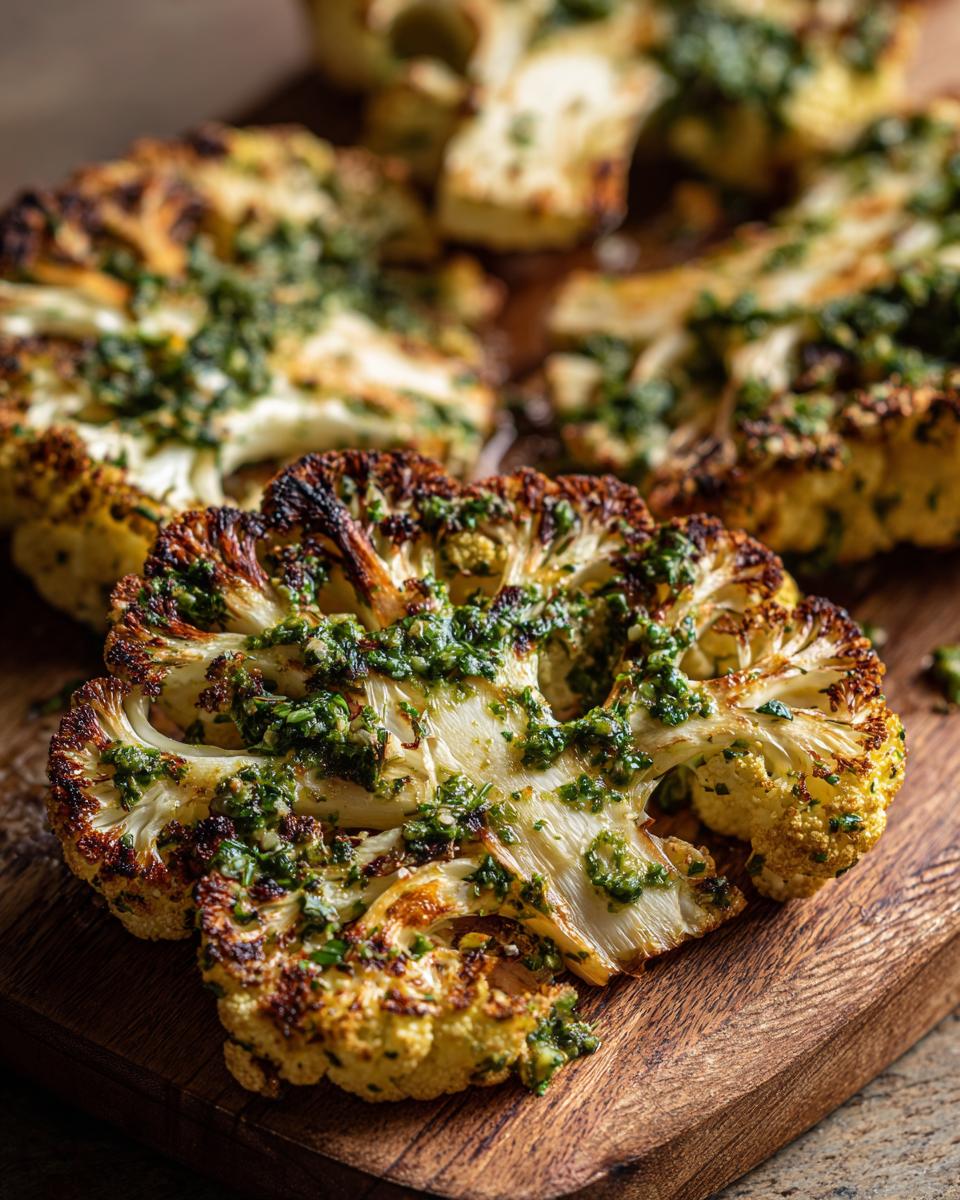 Close-up of roasted cauliflower steaks topped with fresh chimichurri.