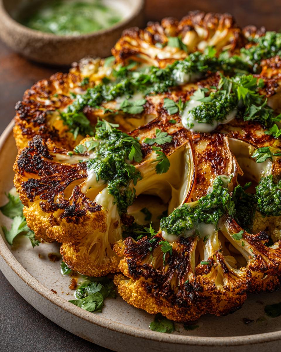 Close-up of roasted Cauliflower Steaks with Chimichurri sauce and fresh herbs on a plate.