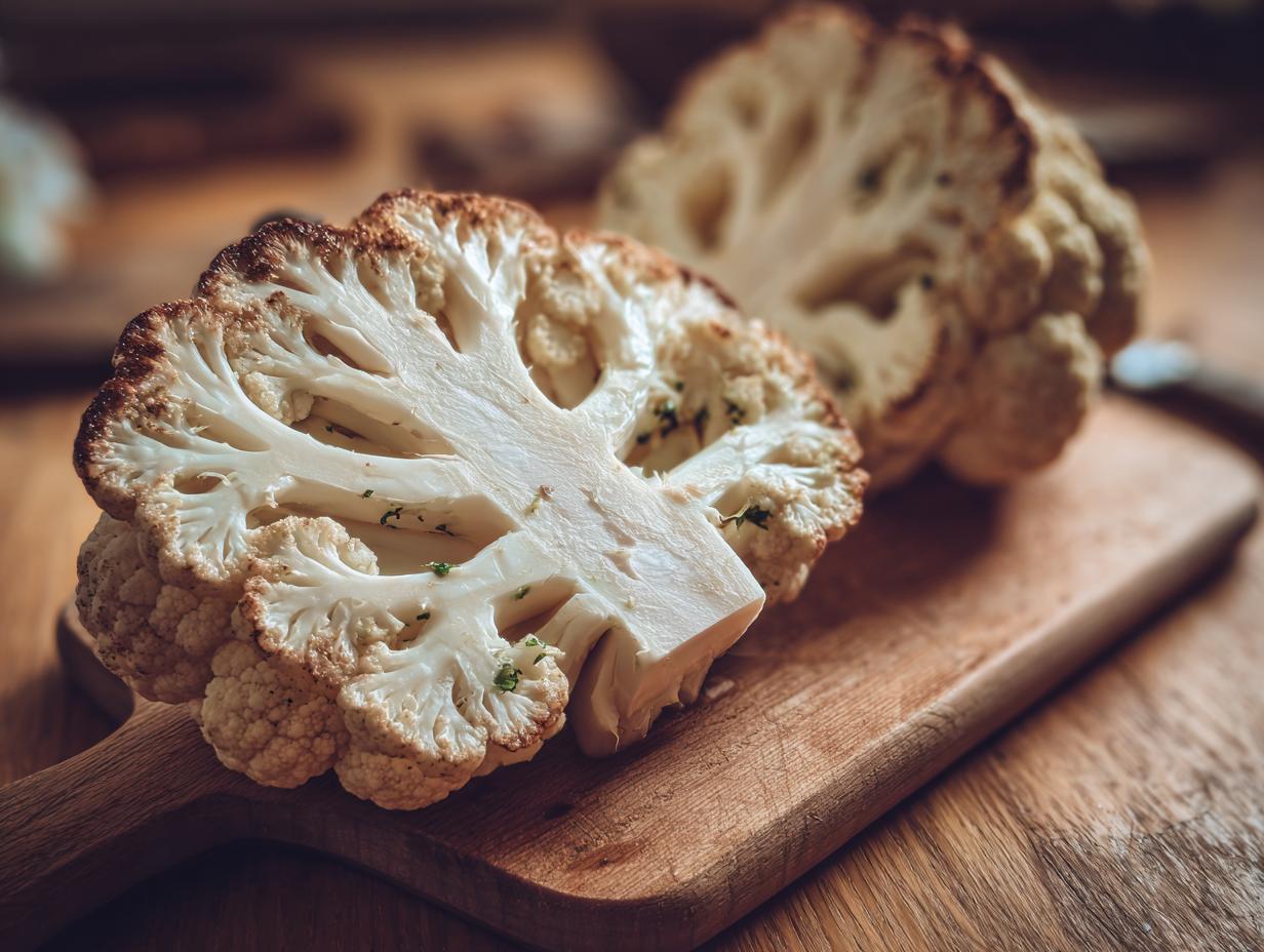 Close-up of sliced cauliflower steaks on a wooden cutting board, ready to be seasoned. The primary keyword is Cauliflower Steaks.
