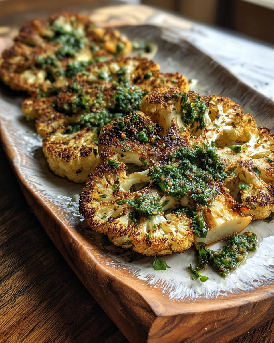 Delicious roasted Cauliflower Steaks with Chimichurri sauce on a wooden serving platter.
