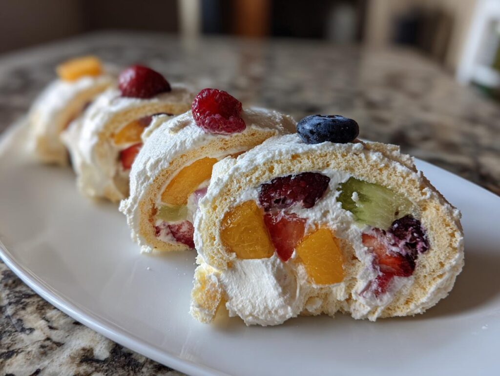 Close-up of Cheesecake Fruit Salad Roll Ups slices with fresh fruit.