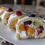 Close-up of Cheesecake Fruit Salad Roll Ups slices with fresh fruit.