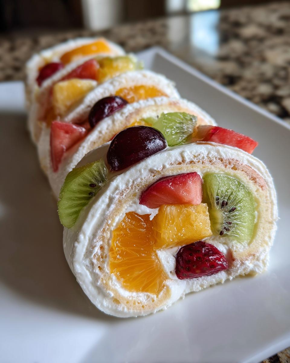 Close-up of sliced Cheesecake Fruit Salad Roll Ups, showing fresh fruit and cream filling.