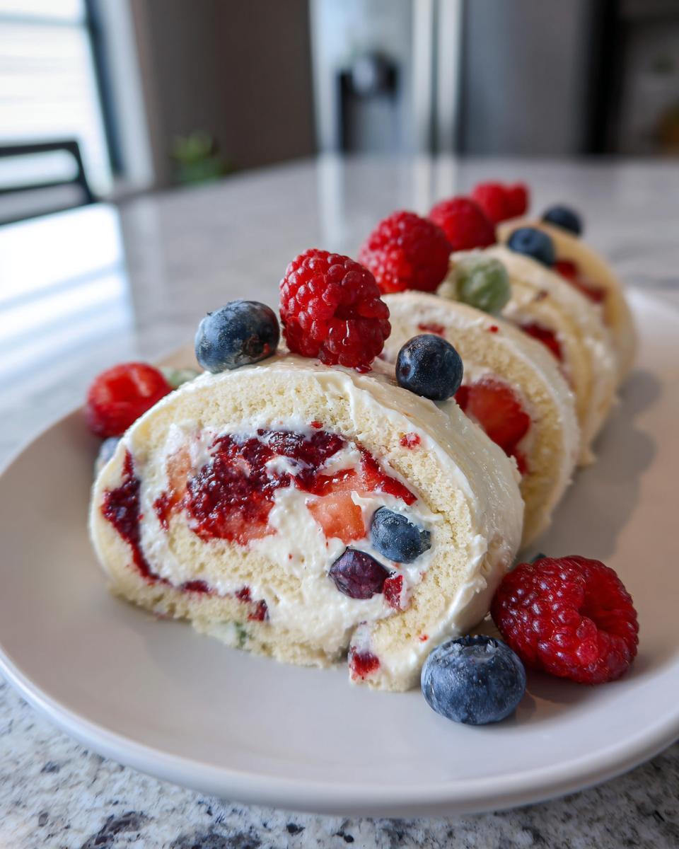 Close-up of sliced Cheesecake Fruit Salad Roll Ups with fresh berries.