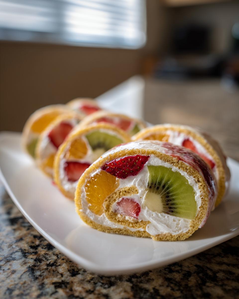 Close-up of sliced Cheesecake Fruit Salad Roll Ups with kiwi, strawberries, and oranges.