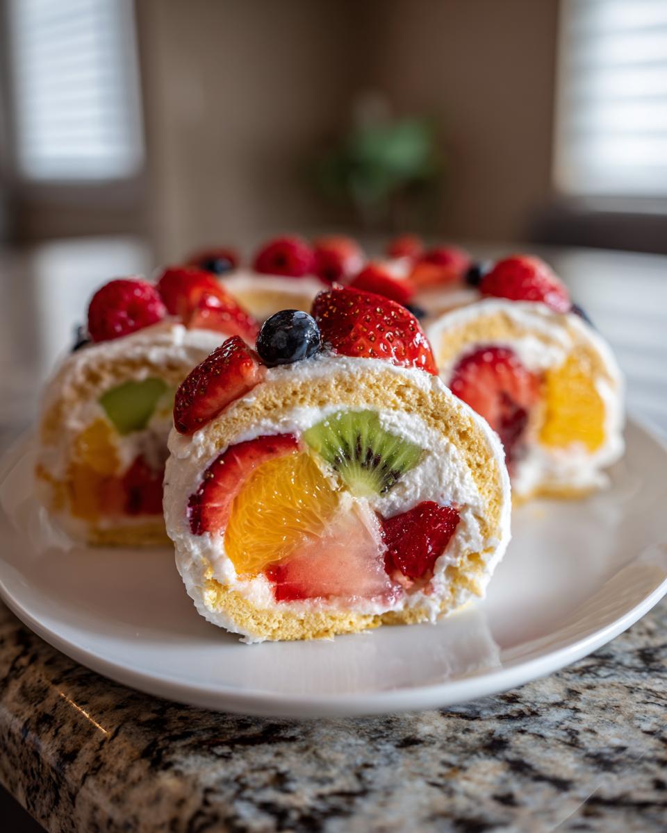 Close-up of Cheesecake Fruit Salad Roll Ups slices with fresh fruit.
