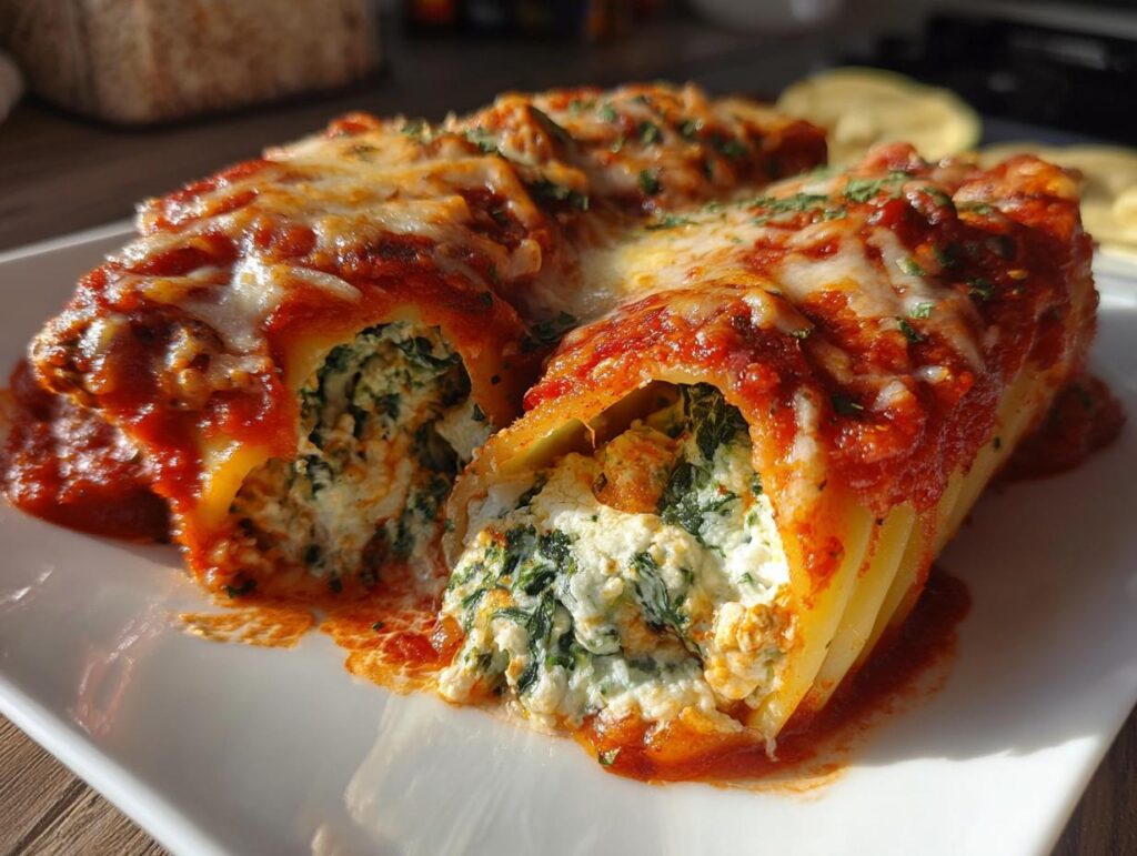 Close-up of baked Cheesy Baked Manicotti, showing the filling and melted cheese.