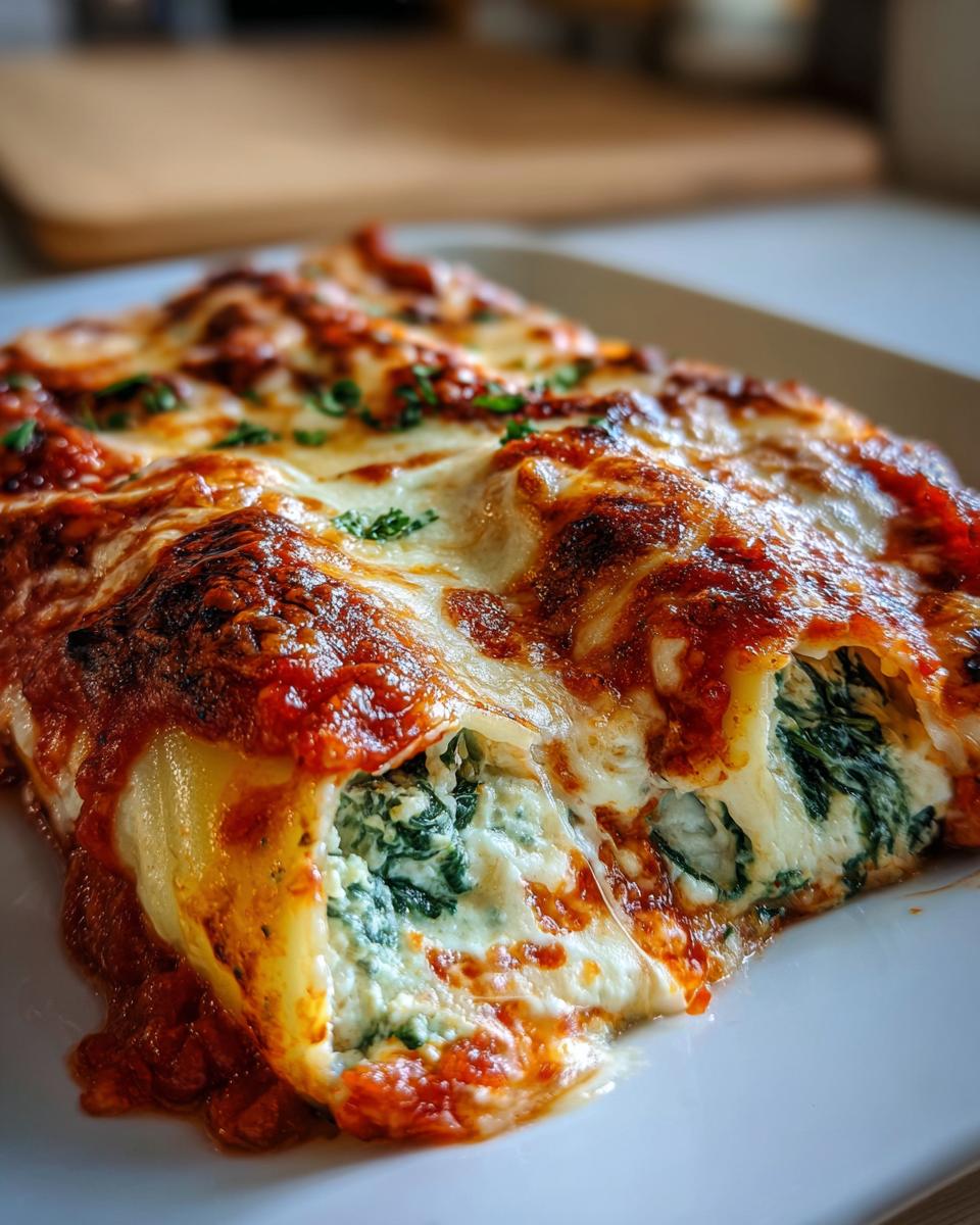 Close-up of Cheesy Baked Manicotti, showing the cheese, sauce, and filling.