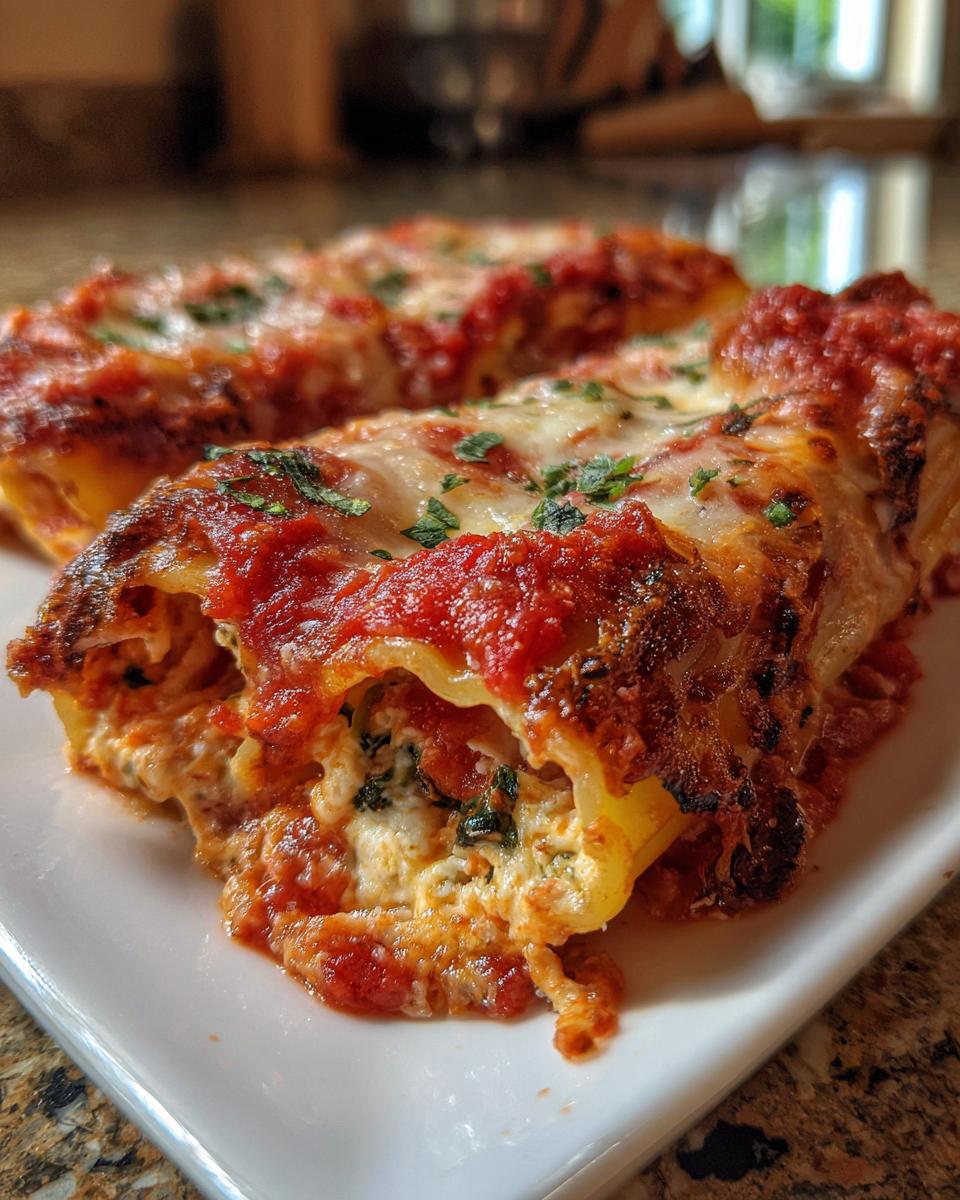 Close-up of Cheesy Baked Manicotti with melted cheese and tomato sauce, a comfort food classic.