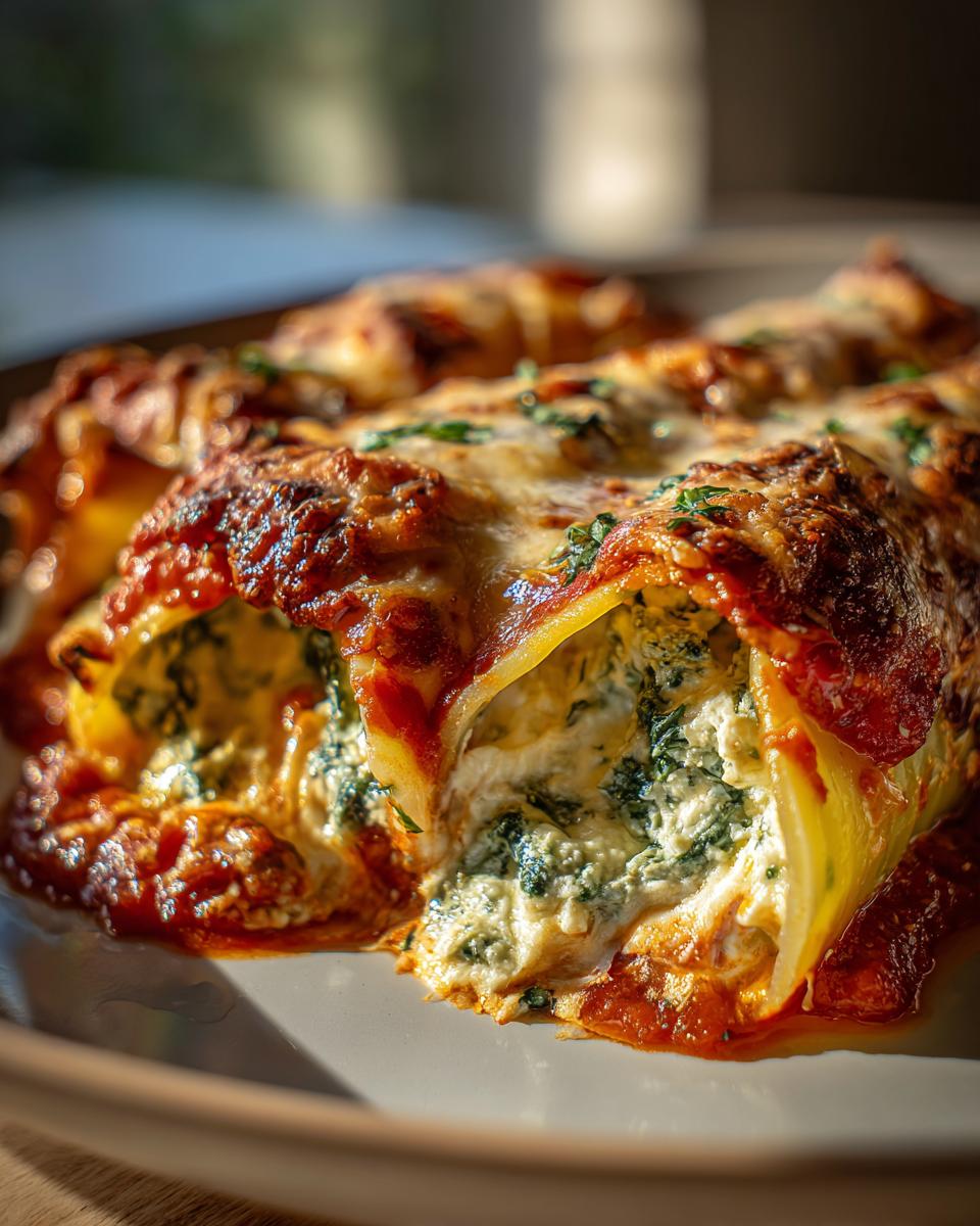 Close-up of baked Cheesy Baked Manicotti with cheese, tomato sauce, and spinach filling.