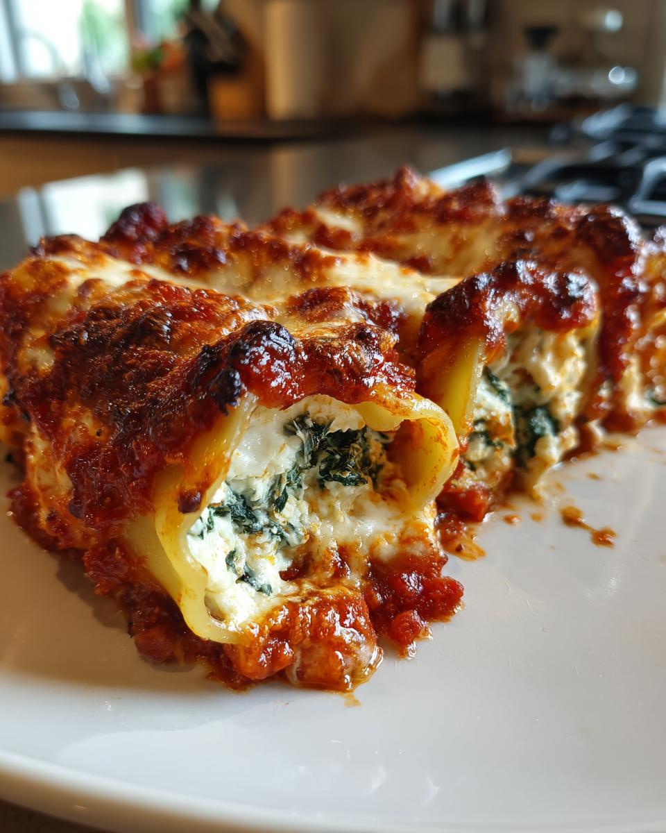 Close-up of Cheesy Baked Manicotti with melted cheese, marinara sauce, and visible filling.