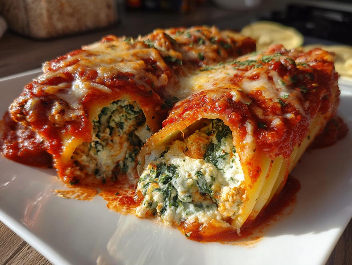 Close-up of baked Cheesy Baked Manicotti, showing the filling and melted cheese.