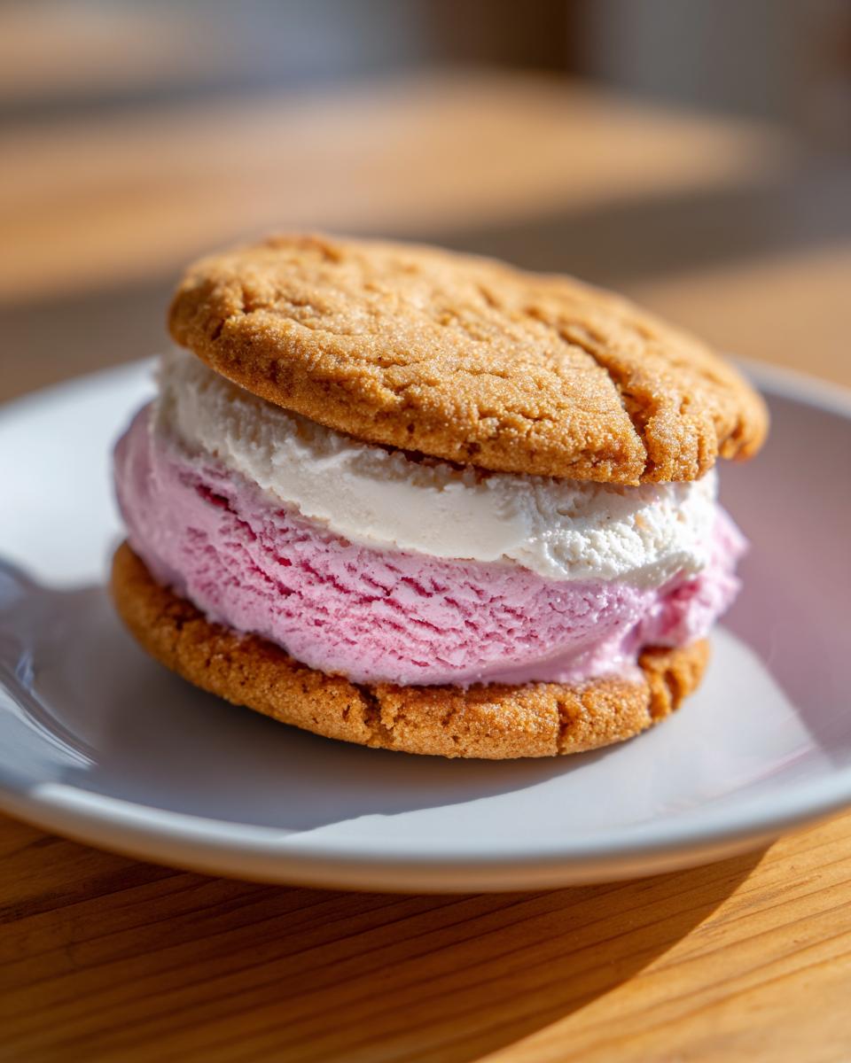 Close-up of a Cherry Vanilla Ice Cream Sandwich on a plate, showing layers of ice cream between cookies.