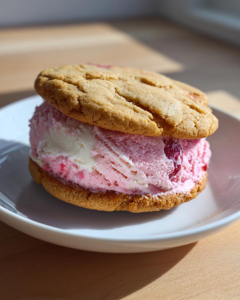 Close-up of a Cherry Vanilla Ice Cream Sandwich on a white plate.