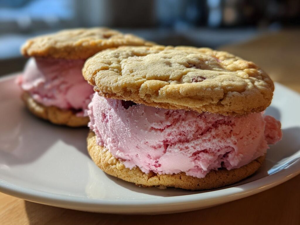 Close-up of two Cherry Vanilla Ice Cream Sandwiches on a white plate.