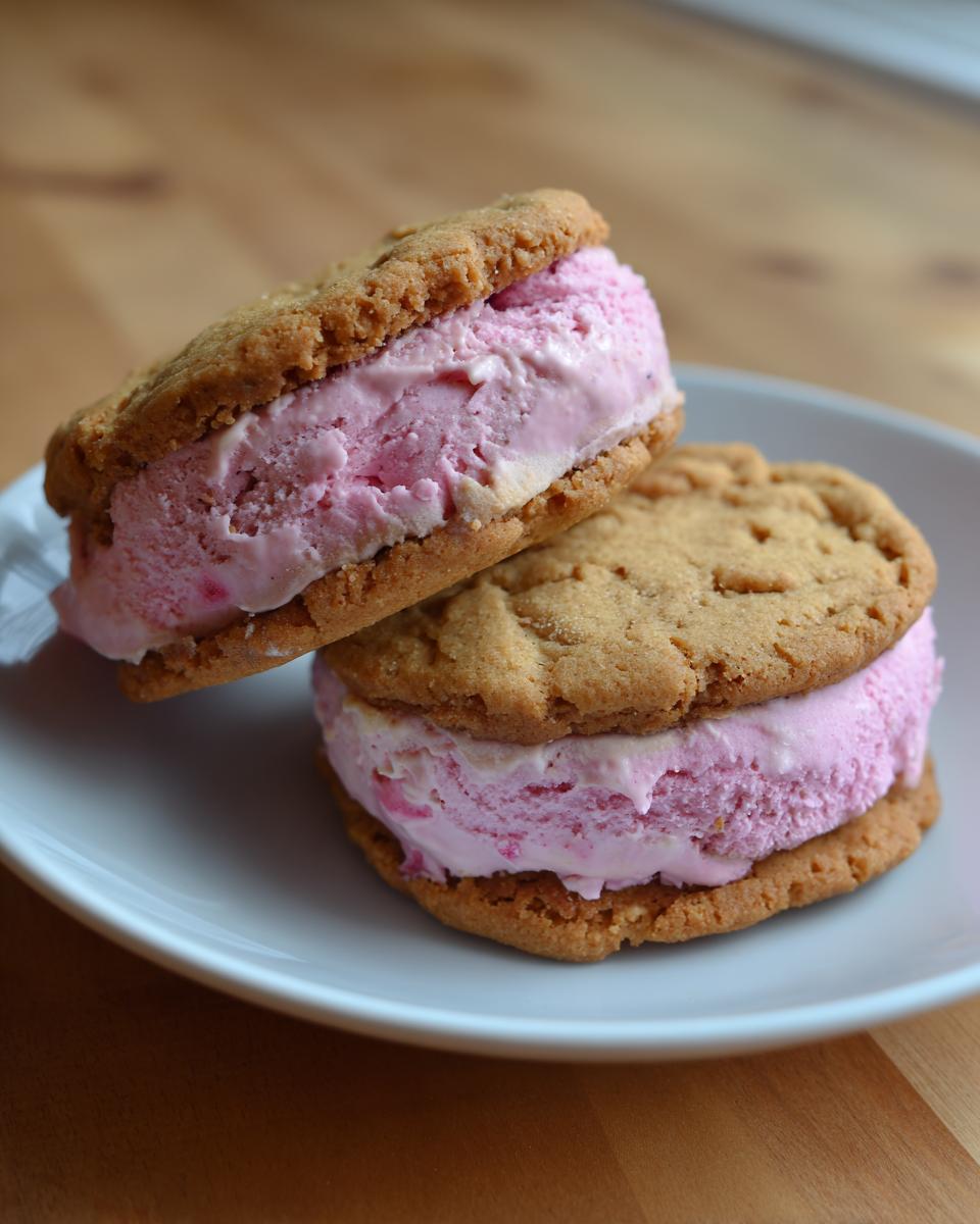 Two Cherry Vanilla Ice Cream Sandwiches on a white plate, close-up.