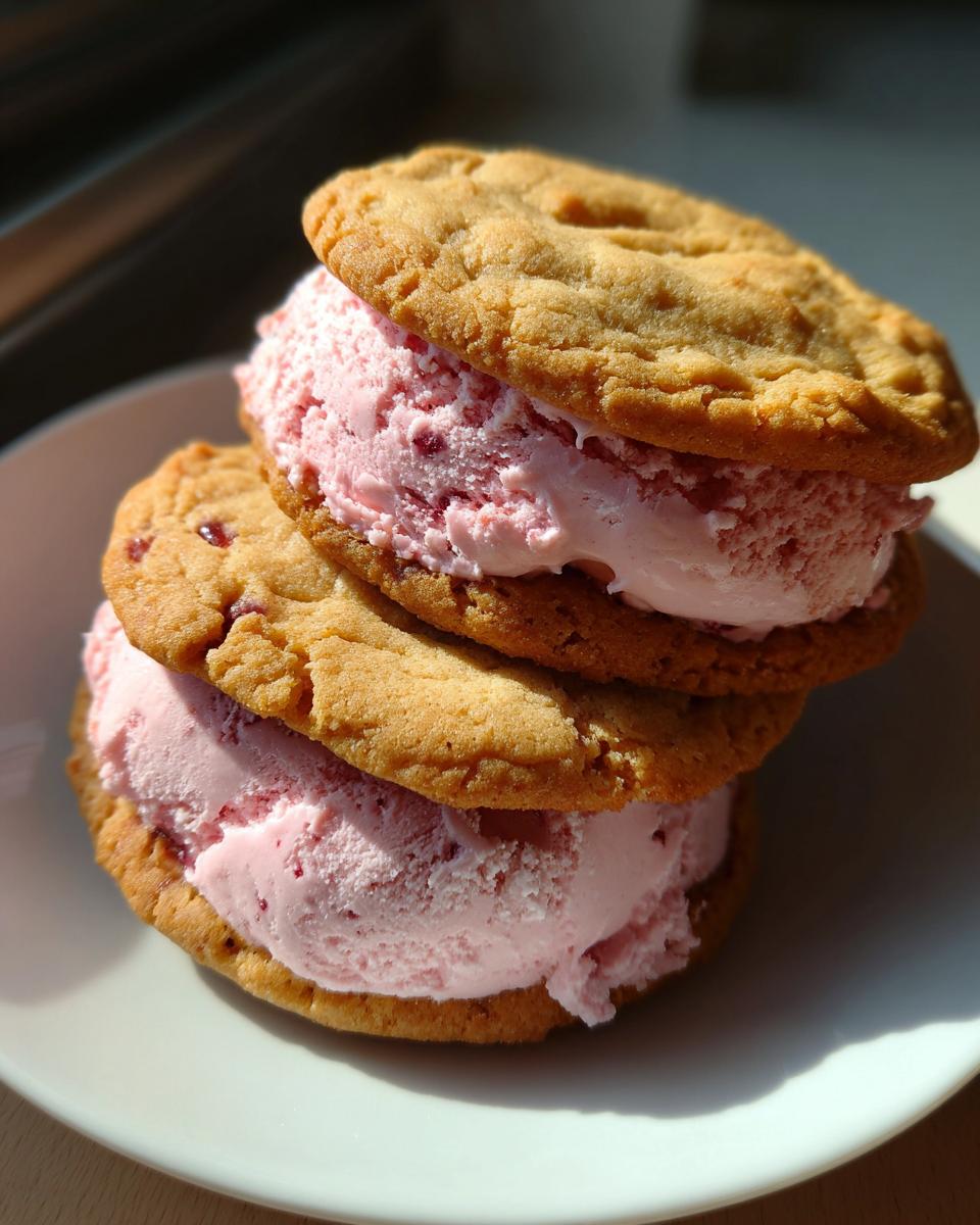 Two Cherry Vanilla Ice Cream Sandwiches stacked on a white plate.