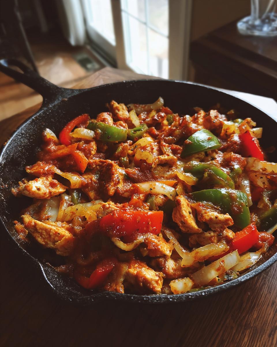 Chicken fajitas with bell peppers and onions in a cast iron skillet, perfect for Summer Dinners You Can Make in 30 Minutes or Less.