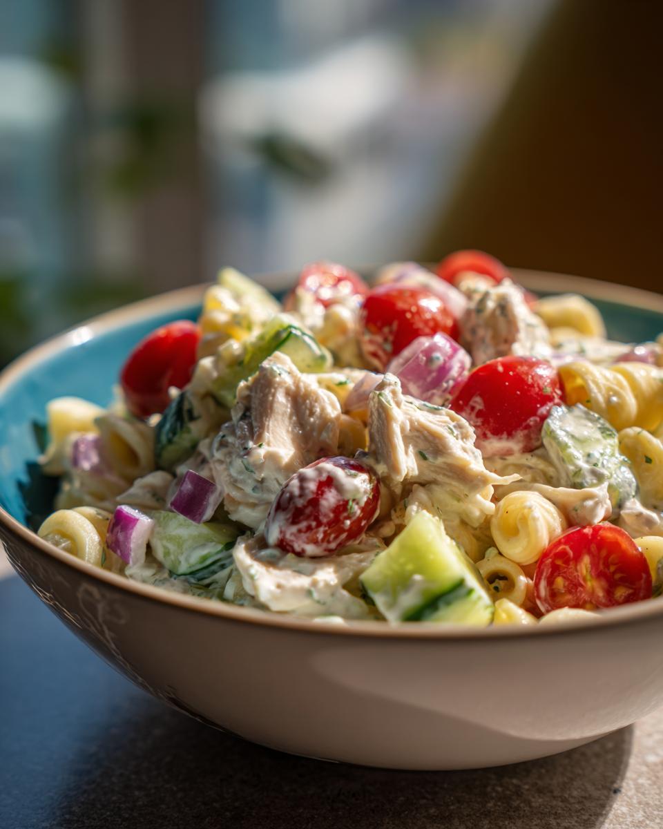 Close-up of chicken pasta salad with creamy Greek yogurt dressing, tomatoes, and cucumbers.