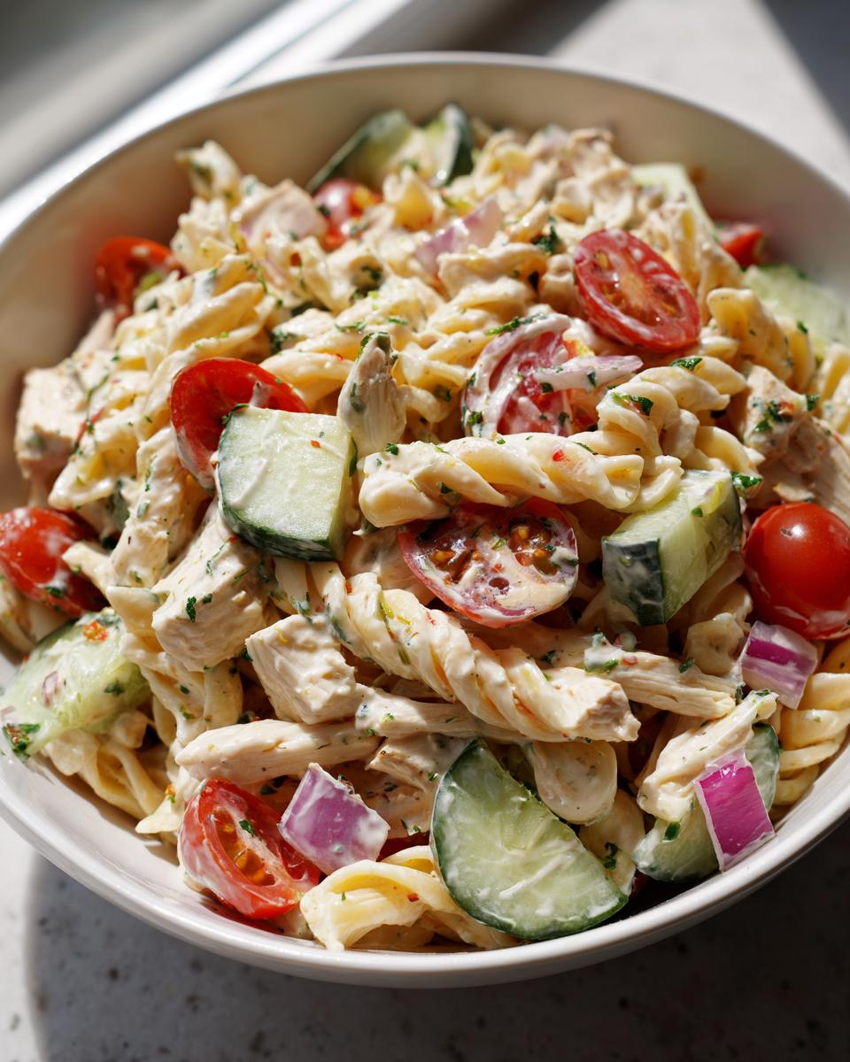 Close-up of chicken pasta salad with creamy Greek yogurt dressing, tomatoes, cucumbers, and red onion. The chicken pasta salad with creamy greek yogurt dressing looks delicious.