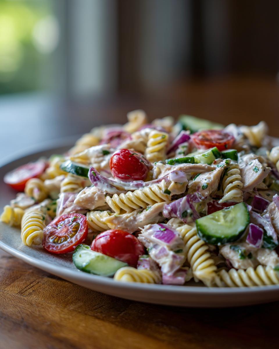 Close-up of chicken pasta salad with creamy Greek yogurt dressing, tomatoes, cucumber, and red onion.