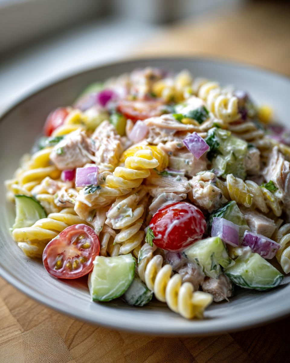 Close-up of a bowl of chicken pasta salad with creamy Greek yogurt dressing.