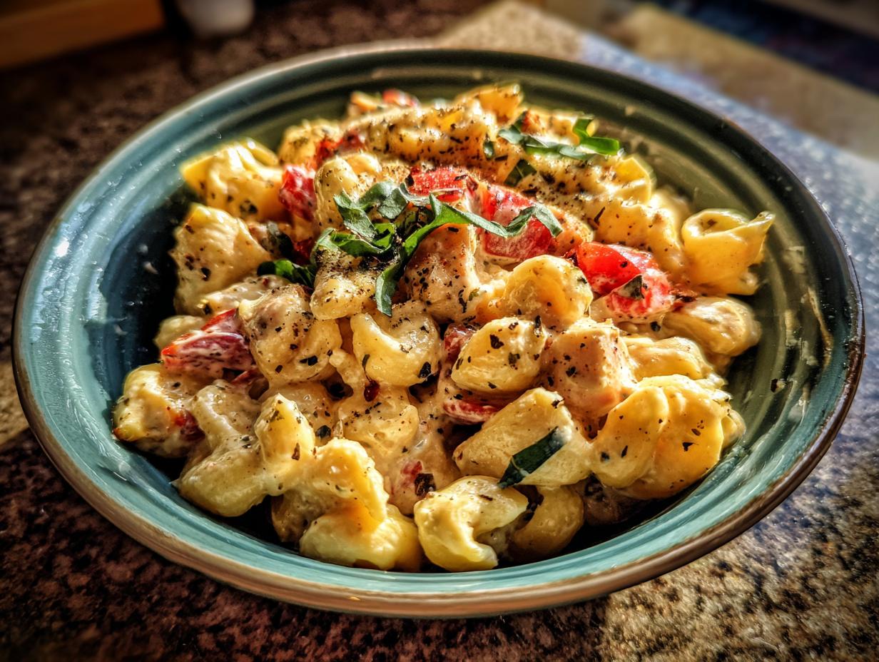 A bowl of delicious chicken pasta salad with greek yogurt, tomatoes, and herbs.