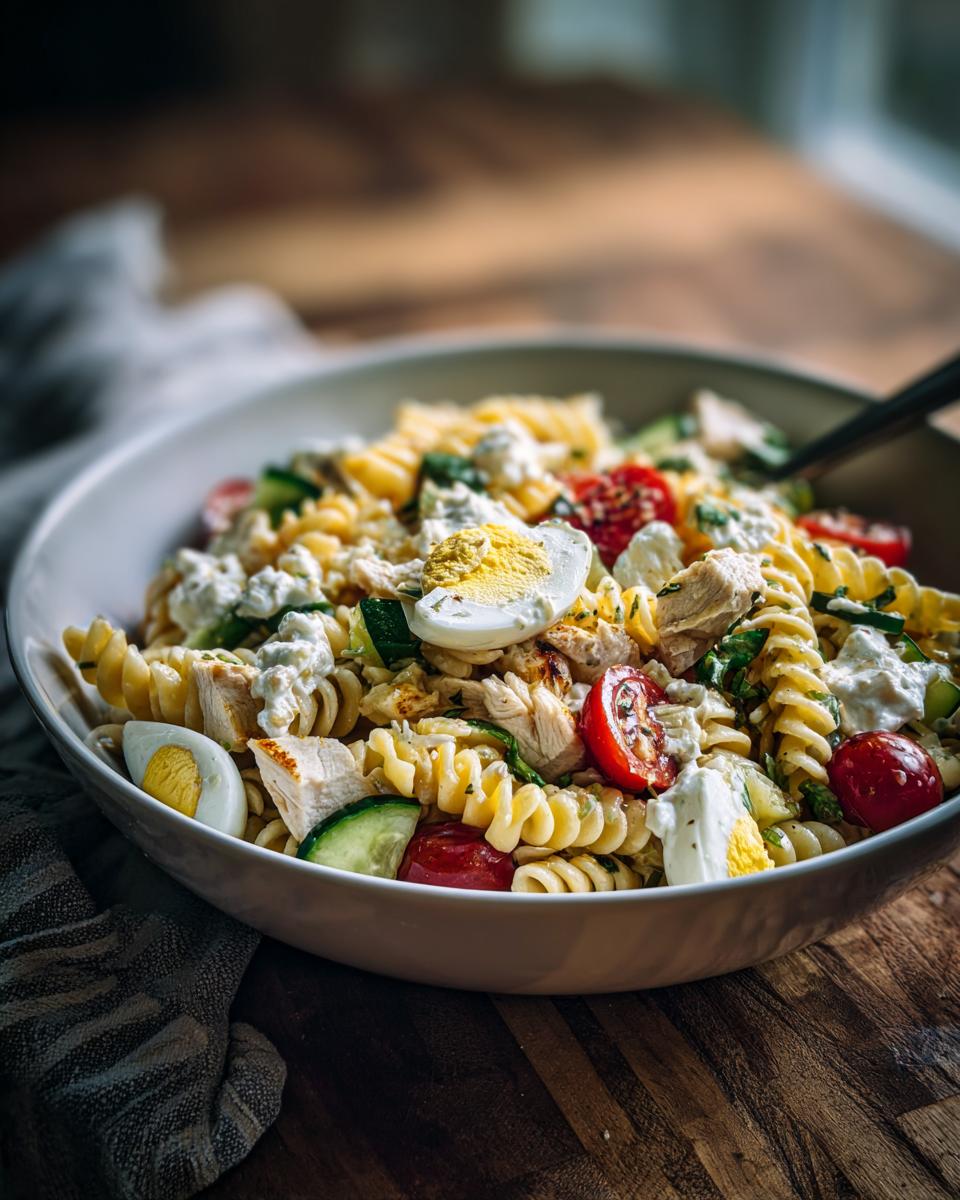 Close-up of a bowl of chicken pasta salad with Greek yogurt, tomatoes, cucumbers, and eggs.