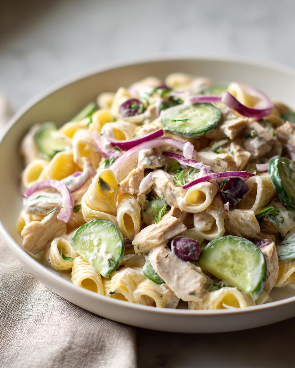 Close-up of a bowl of chicken pasta salad with Greek yogurt, cucumbers, and red onion.