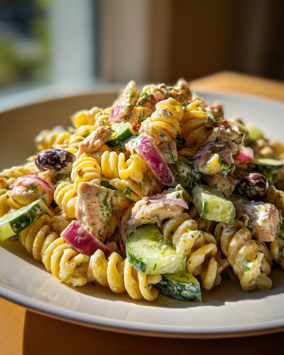 Close-up of a bowl of chicken pasta salad with Greek yogurt, cucumbers, and red onion.