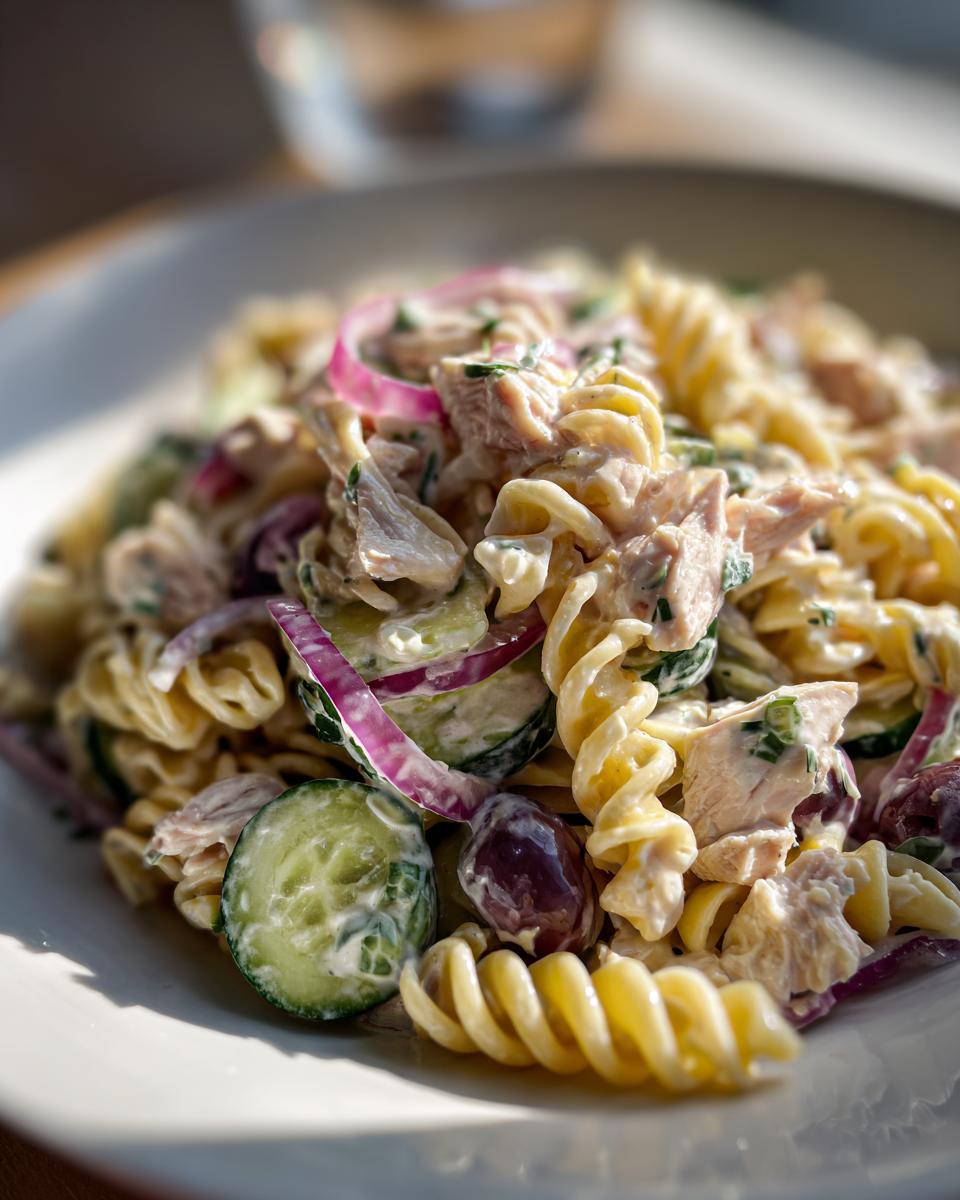 Close-up of chicken pasta salad with Greek yogurt, showing pasta, chicken, cucumber, red onion, and olives.