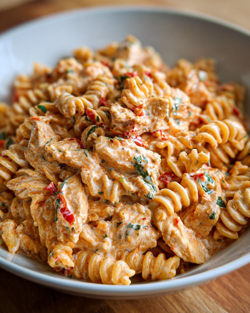Close-up of creamy chicken pasta salad with Greek yogurt in a white bowl. The chicken pasta salad with Greek yogurt looks delicious.