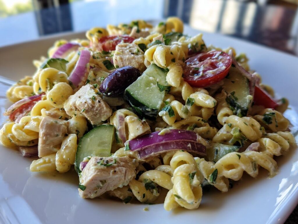 Close-up of a bowl of chicken pasta salad with Greek yogurt, tomatoes, cucumbers, and red onion.