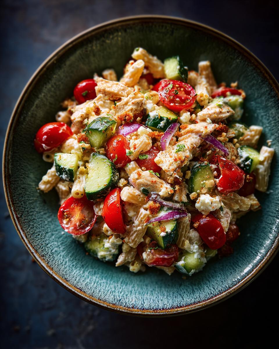 Overhead shot of chicken pasta salad with Greek yogurt, tomatoes, and cucumbers; the chicken pasta salad with Greek yogurt is in a bowl.