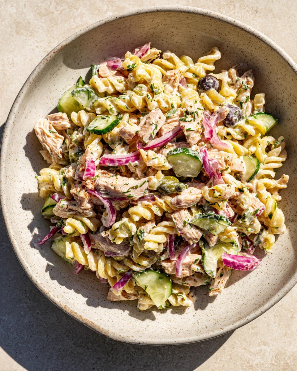 Overhead shot of chicken pasta salad with Greek yogurt, cucumbers, and red onion.