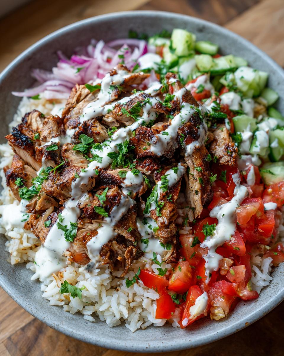Close-up of a Chicken Shawarma Bowl with rice, chicken, tomatoes, cucumbers, and sauce. The primary keyword is Chicken Shawarma Bowls.