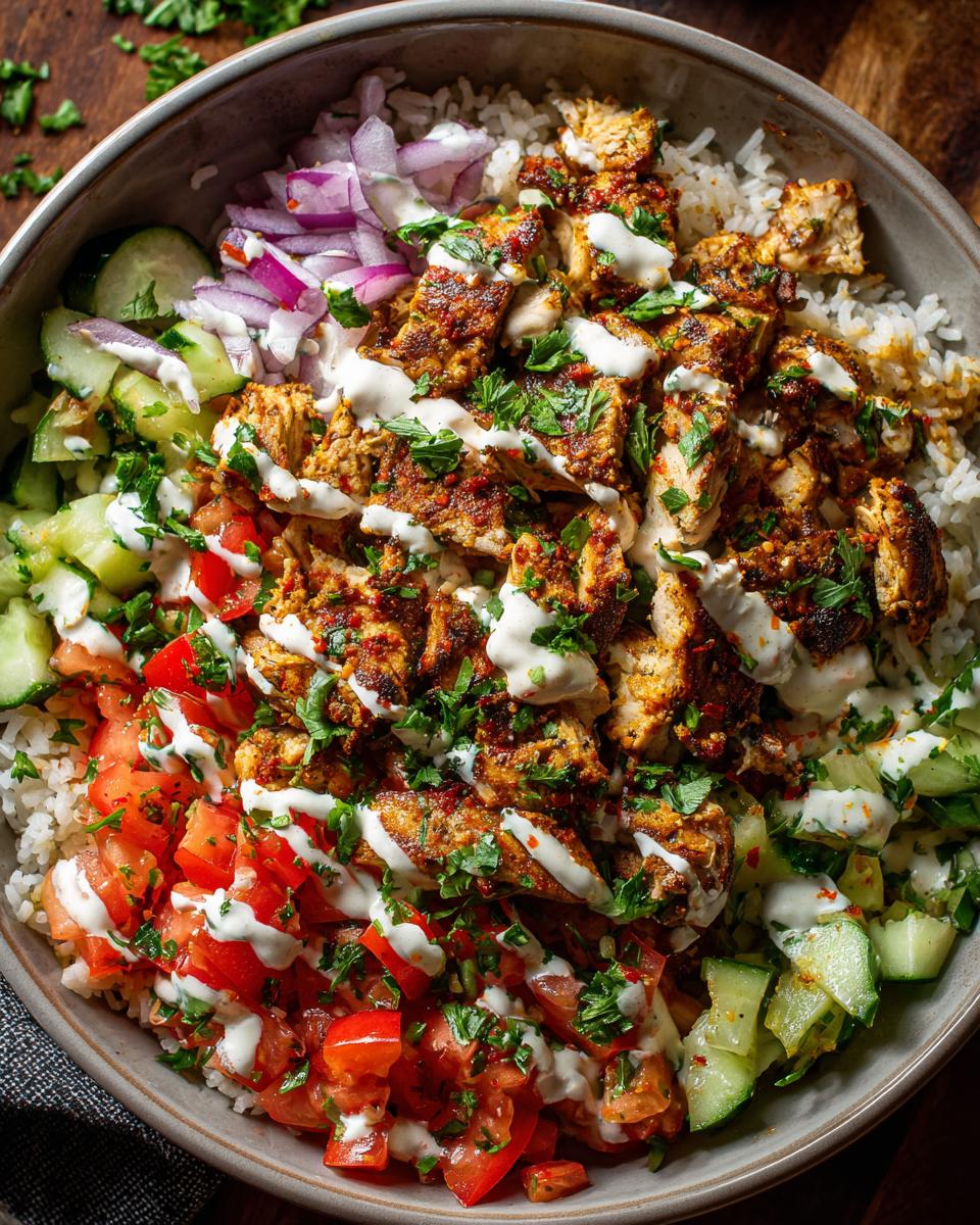 Overhead shot of a Chicken Shawarma Bowl with rice, chicken, tomatoes, cucumbers, and sauce.