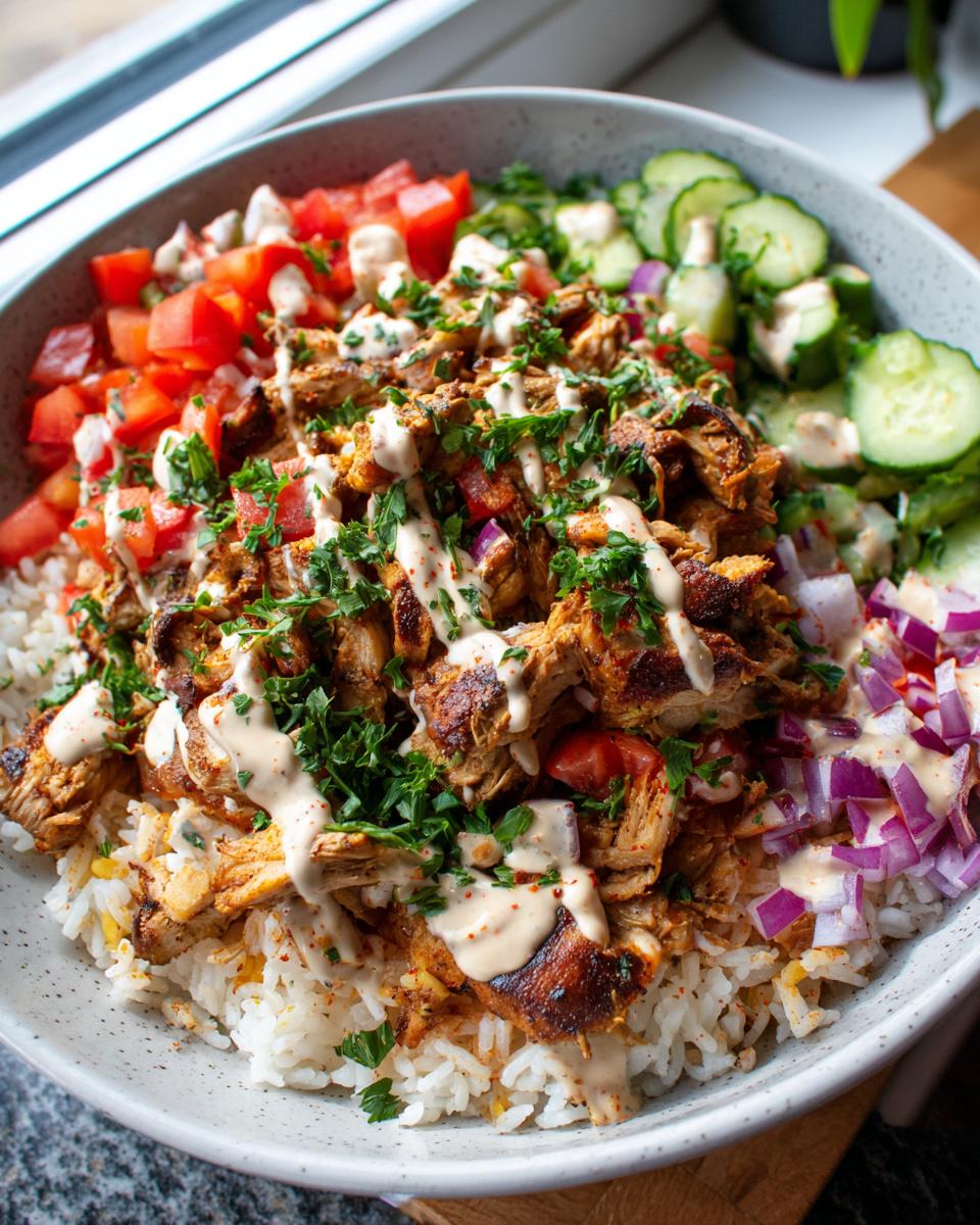 Close-up of a Chicken Shawarma Bowl with rice, chicken, tomatoes, cucumbers, and sauce.
