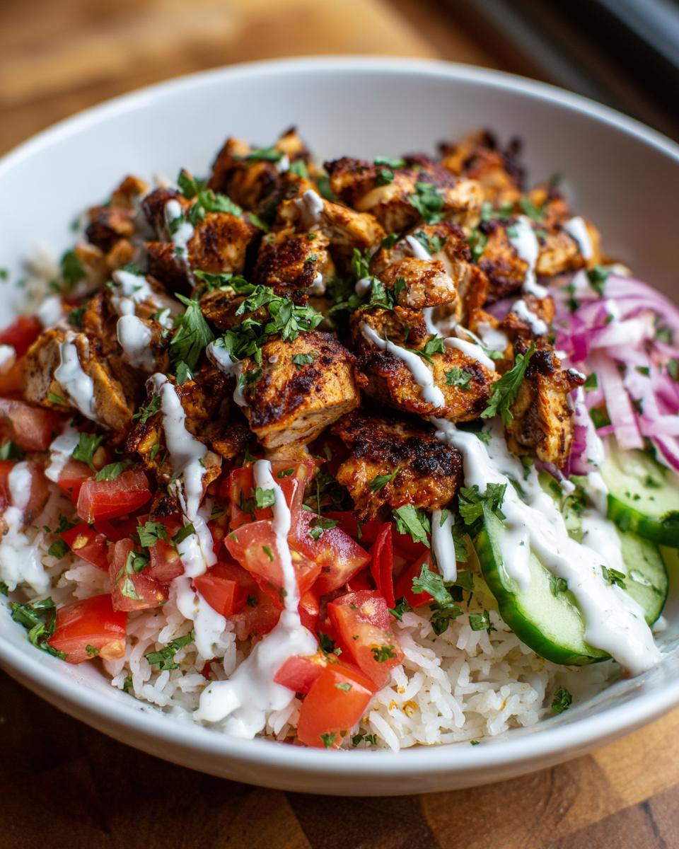Close-up of a Chicken Shawarma Bowl with rice, chicken, tomatoes, cucumbers, and sauce.